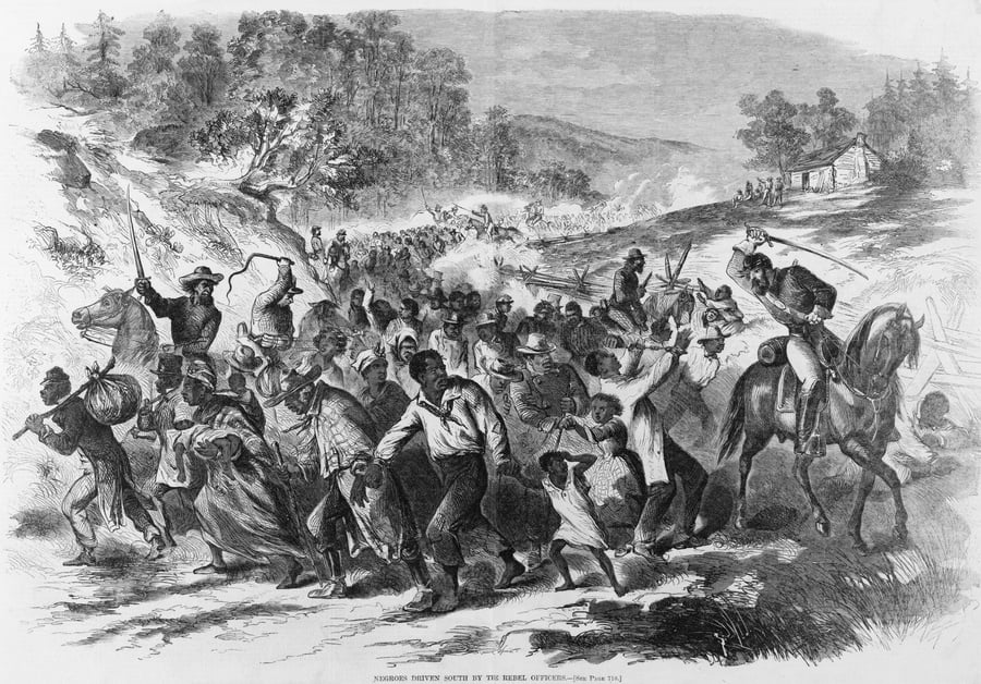 In late 1862, Rebel cavalry officers drove Virginia slaves south,  away from Union Army lines to prevent their escape. Slaves were 'refugeed' throughout the Civil War, often under brutal conditions, handcuffed or chained together in coffles.